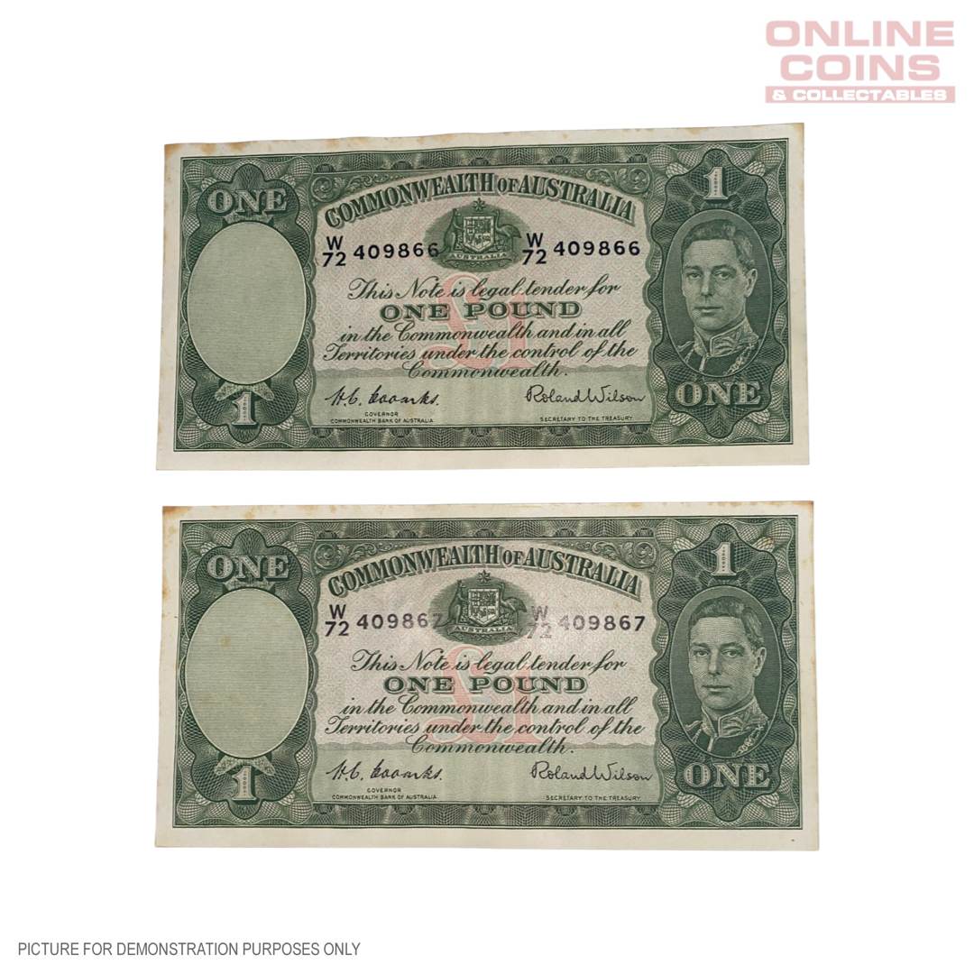 1952 Coombs Wilson One Pound FIRST PREFIX Consecutive Pair